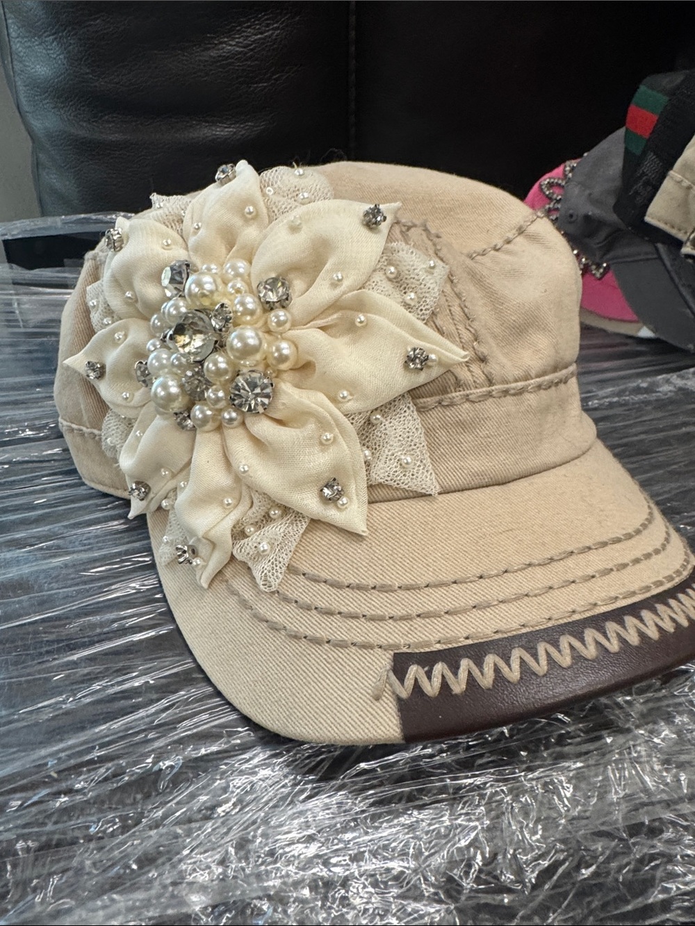 Beige Floral Pearl & Crystal Embellished Women’s Cap